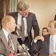 From left to right: Sen. Strom Thurmond at the microphone, Sen. Ted Kennedy standing in the center, Sen. Joe Biden seated on the right, and Sen. Howard Metzenbaum standing on the far right.